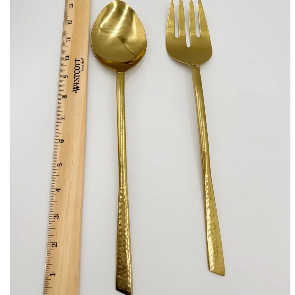 Gold Hammered Serving Spoon and Fork Set 13 Inch Large Polished Flatware‎ 2pc